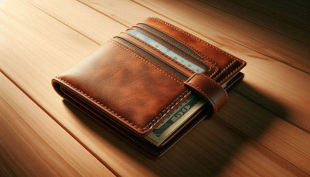 Leather wallet on a wooden background. Shallow depth of field.