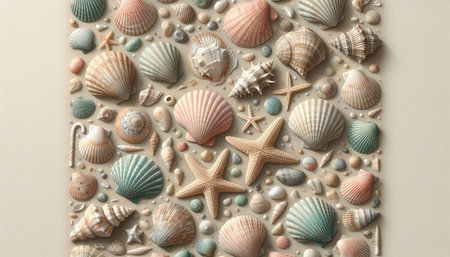 Seashells and starfish on beige background, top view
