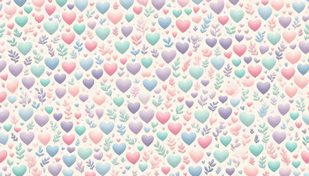 Seamless pattern with hearts and leaves. Colorful vector background.