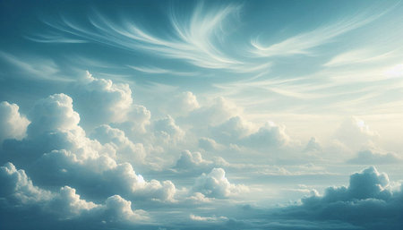 Blue sky background with white clouds and sun rays. 3D illustration