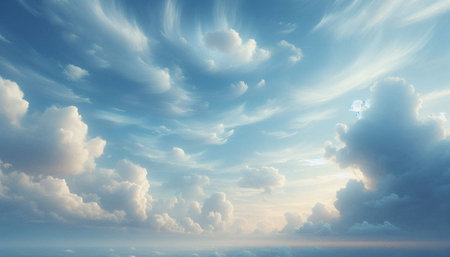 Blue sky background with tiny clouds. Nature composition. 3d illustration