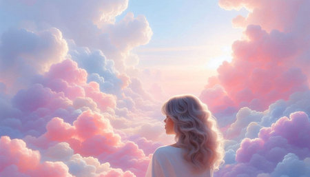 Beautiful woman with long wavy hair against pink and blue sky with clouds