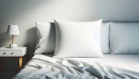 White pillows on bed in bedroom. 3d rendering mock up