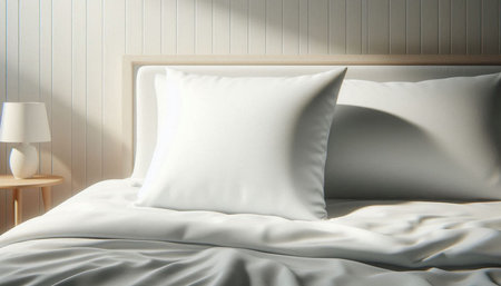 White pillow on the bed in the bedroom. 3d rendering.