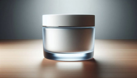 Cosmetic cream jar on wooden table and grey background. 3d rendering