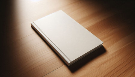 Blank book on wooden table. Mockup for branding identity.