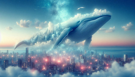 Whale in the sky above the city. 3D rendering.