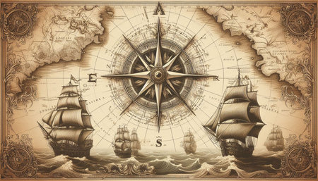 Vintage compass and ship on the old map. Illustration.