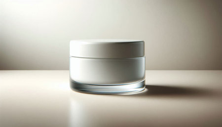 Cosmetic cream in a glass jar on a beige background.