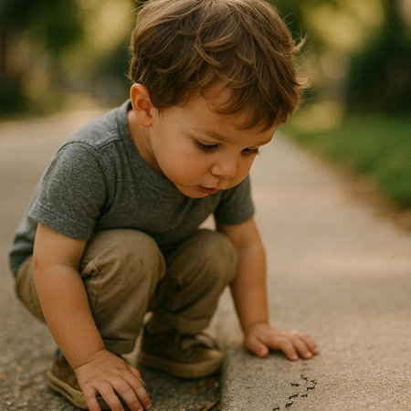little boy playing on the street in the park. child playing outdoors