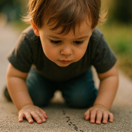 Little baby boy crawling on the ground in the park. Selective focus.