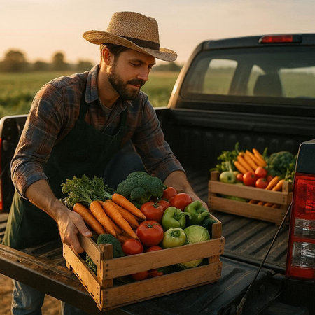 Farmer with box of fresh vegetables standing near pickup truck on field