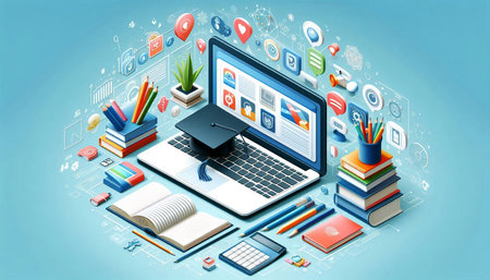 Modern education concept with laptop, books and stationery on blue background