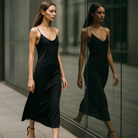 Fashionable young woman in black dress posing in the city.