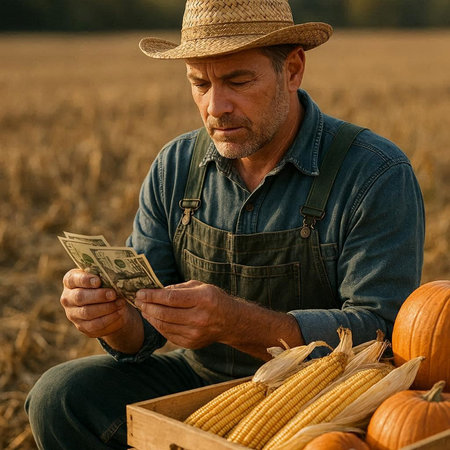 Farmer counting money in a corn field with pumpkins on background