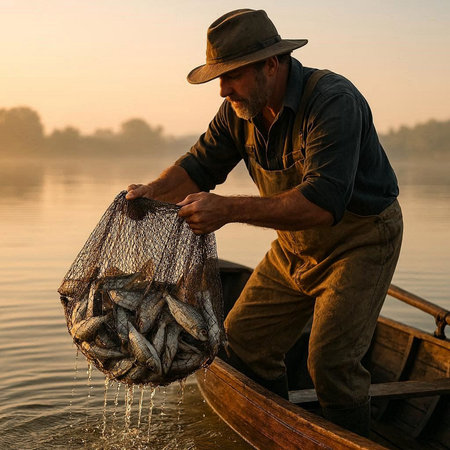 Fisherman with catch of fish in net on boat at sunrise