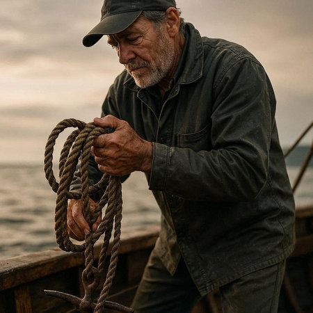 Portrait of a senior man working on a boat at sunset.