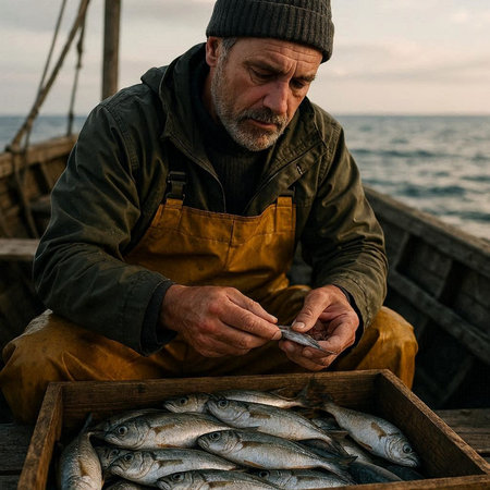 Fisherman with sardines on the deck of a fishing boat