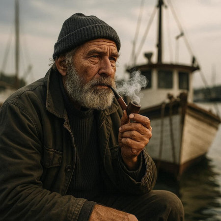 Portrait of an old man smoking a pipe on a boat background.