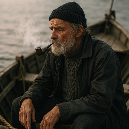 Portrait of an old man smoking a pipe in the boat.