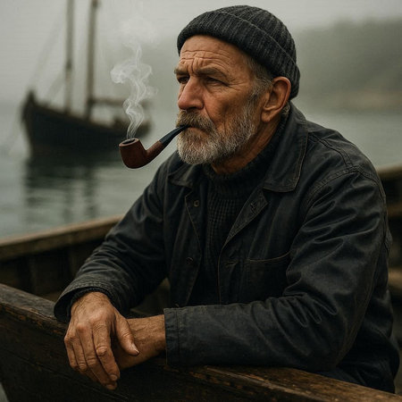 Portrait of an old man smoking a pipe on the pier.