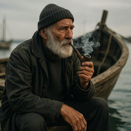 Portrait of an old man with a gray beard smoking a pipe on the background of an old wooden boat