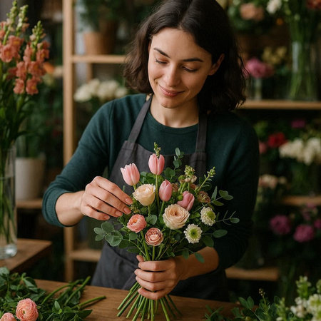 Female florist making bouquet of flowers in her flower shop