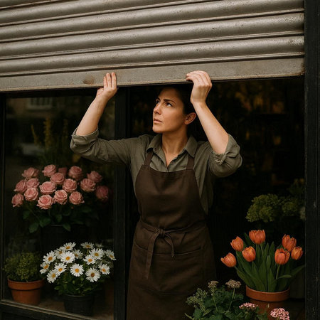 Young florist in apron standing near window and looking away