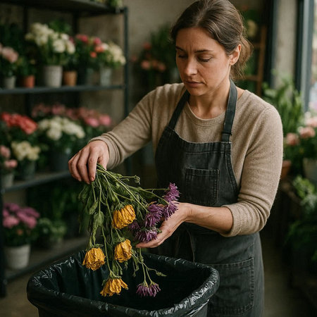 Female florist working in flower shop. Female florist making bouquet of flowers.