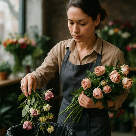 Florist in apron making bouquet of roses in flower shop