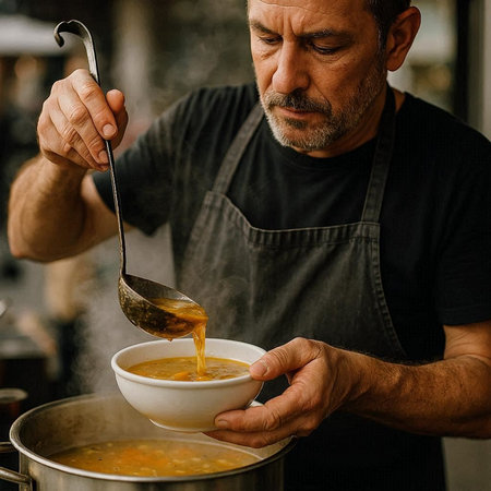 Senior man cooking soup in a restaurant kitchen. Close-up of a chef preparing soup in the kitchen.