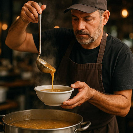 Chef preparing soup in a restaurant kitchen. Close-up.