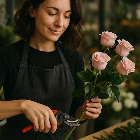 Florist at work. Young woman florist cutting roses with scissors in flower shop.