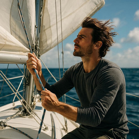 Handsome young man sitting on the deck of a sailing yacht and looking at the sea