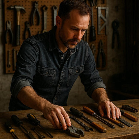 Handsome man working with tools in his workshop. Selective focus.