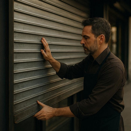 Handsome middle-aged Hispanic man in a black T-shirt and a brown leather jacket is leaning on a gray metal door.