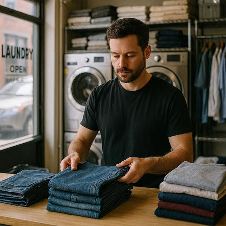 A man in a black T-shirt and jeans in the store