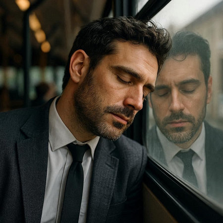 Portrait of a pensive businessman leaning on a window in a cafe