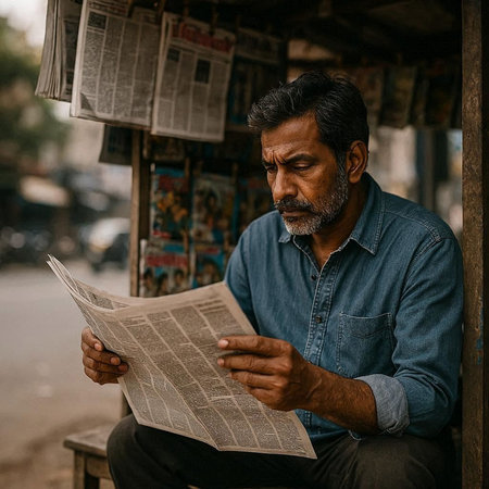 Handsome Indian man reading a newspaper in the streets of India.