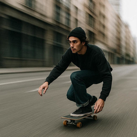Skateboarder in a black sweatshirt riding a skateboard on the street.