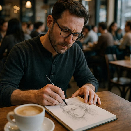 Handsome man in glasses sitting at the table in cafe and drawing picture