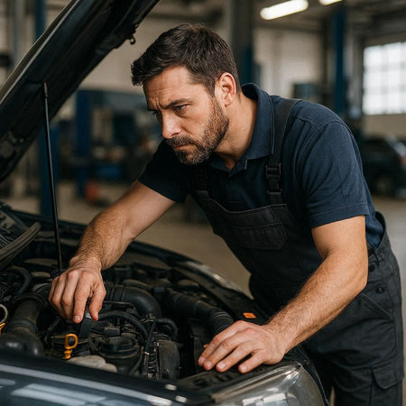 Handsome mechanic working in auto repair shop. Handsome bearded man in uniform checking car engine.