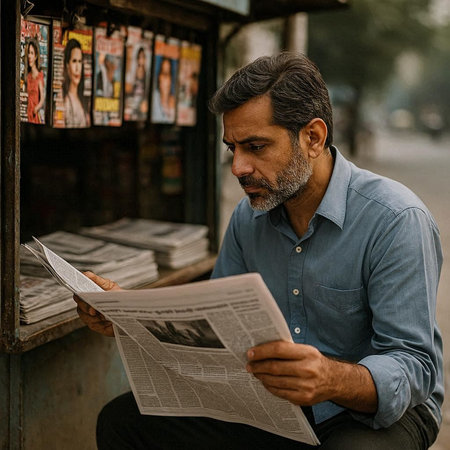 Mature Indian man reading newspaper in the streets of Delhi, India