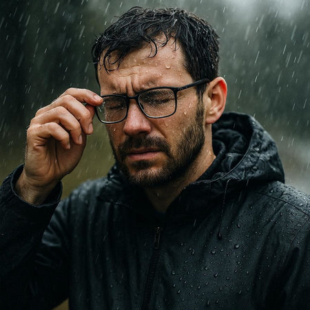 Handsome bearded man with wet hair and glasses standing under the rain.