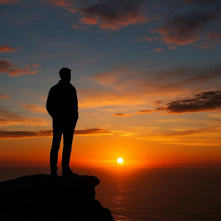 Silhouette of a man standing on top of a mountain and watching the sunset