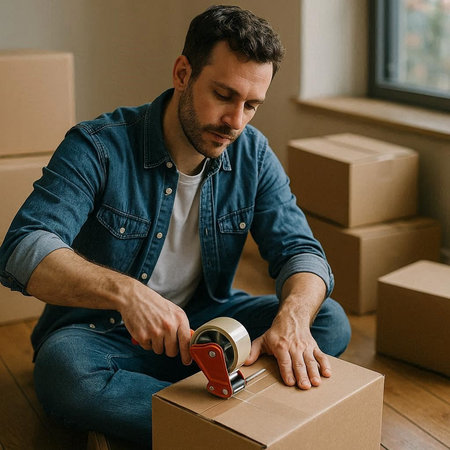 handsome young man packing cardboard box in new house, relocation concept