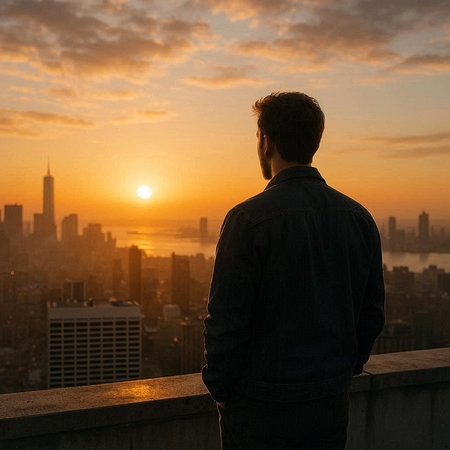 Man looking at the sunset over the skyscrapers of New York City