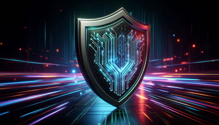 cyber security concept with shield and glowing lines on dark background 3D rendering