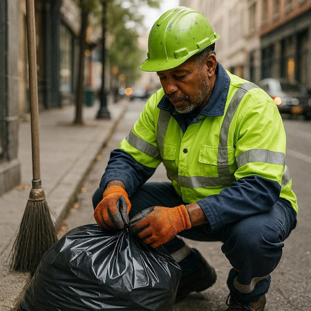 Handsome senior man cleaning the street in the city. He is wearing a hard hat and a green jacket.
