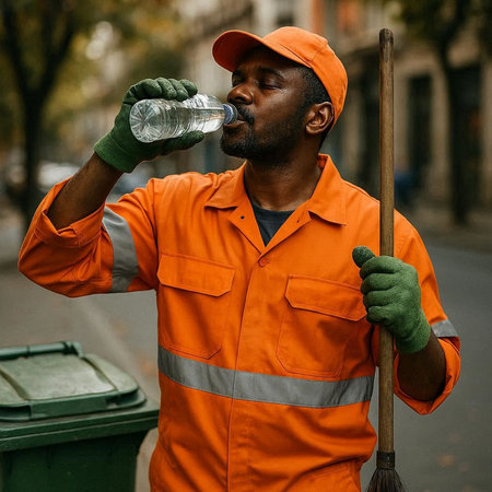 African american male worker cleaning street with a broom and drinking water